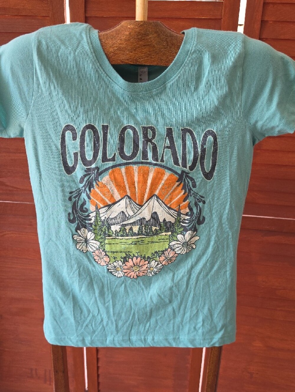 NWOT LAT Apparel Colorado Retro Mountain Graphic Tee Size Small Teal